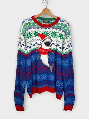 SHARK Ugly Christmas Sweater Mens XL Funny Holiday Knit Pullover Nautical